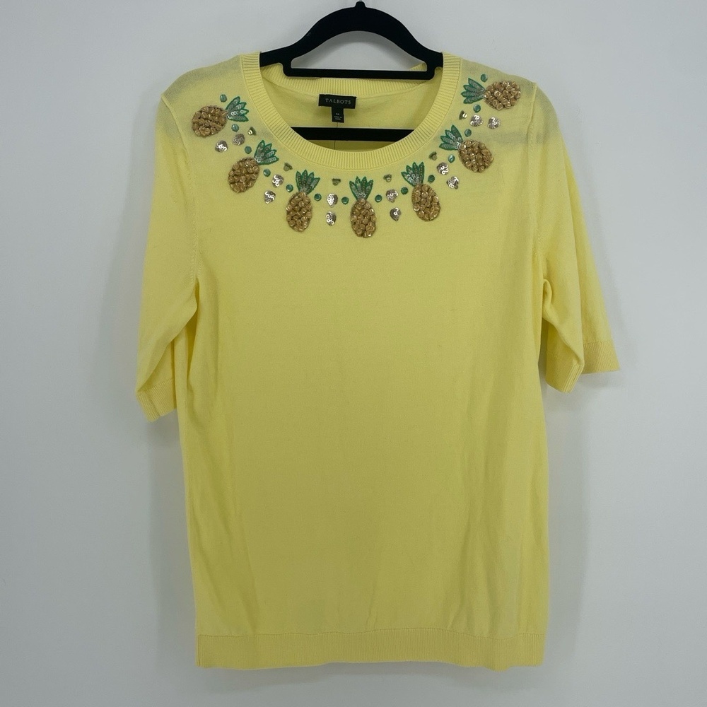 Talbots Pineapple Sequin Embroidered Sweater Yellow Size M NWT Preppy Resort